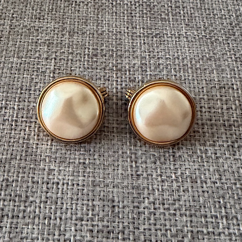 Vintage Monet Faux Pearl Gold Tone Clip-On Earrings Classic Round